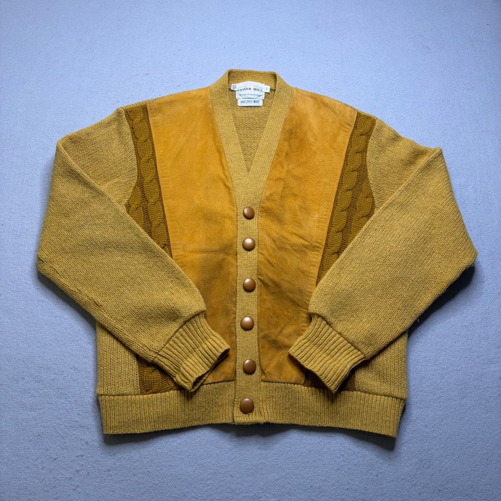 Cedar Hill Cardigan Mens L Gold Wool Suede Front Cable Knit‎ Vintage Button Up